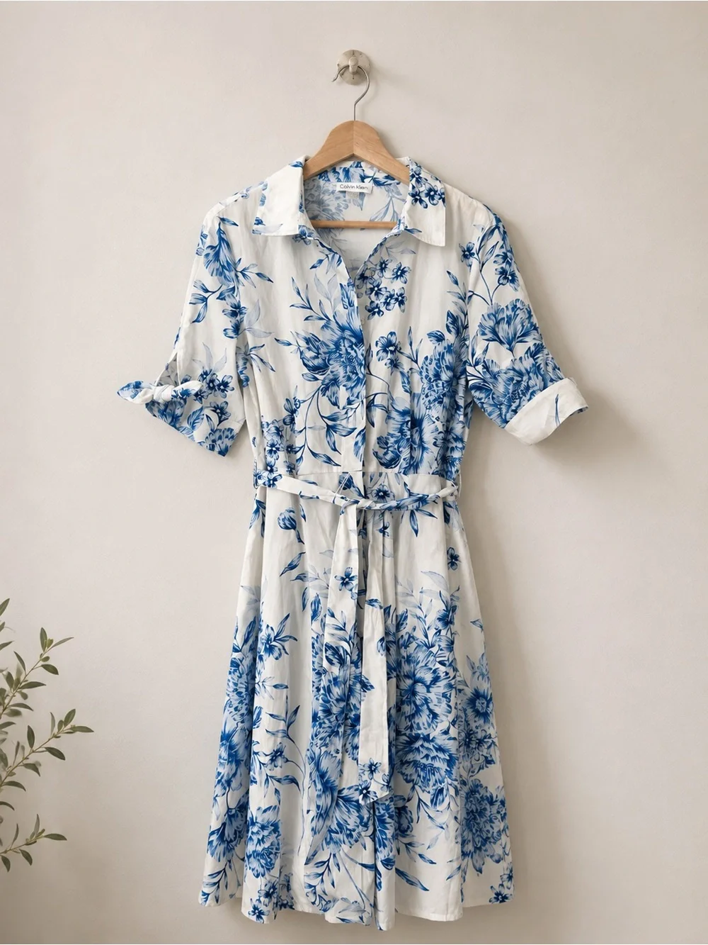 Calvin Klein Floral Cotton Midi Dress Blue White Belted Fit & Flare Size 10 NWT - Picture 6 of 15
